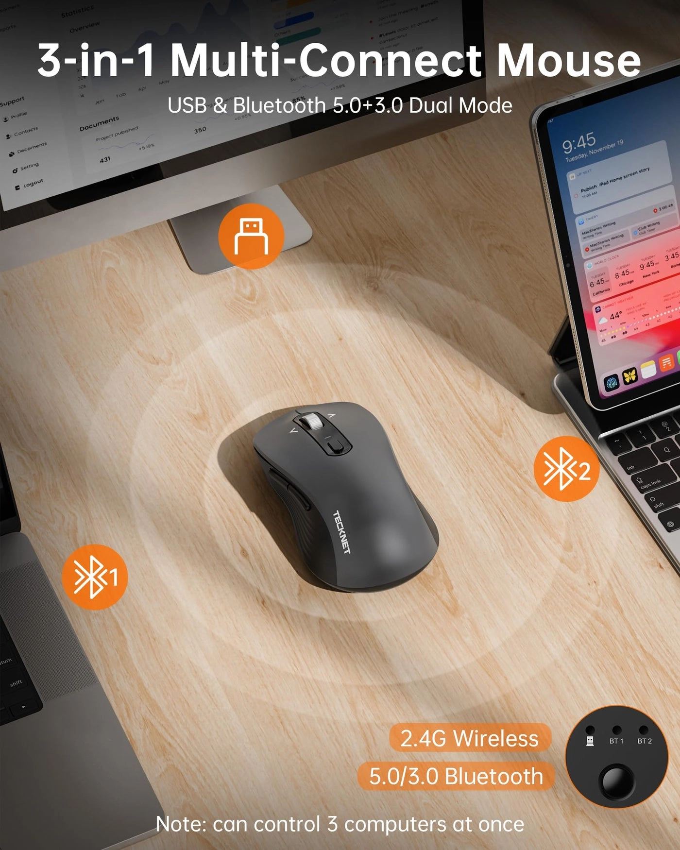 Multi-Device Slim Optical Mouse - Bluetooth, USB