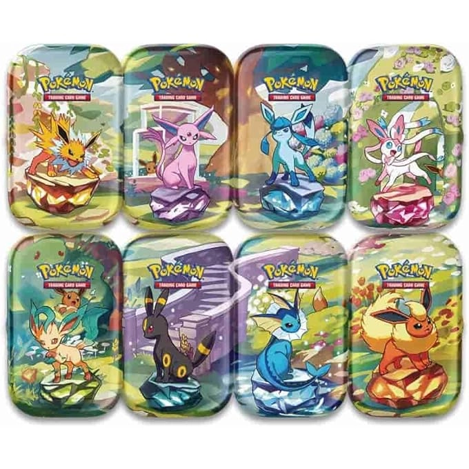 Scarlet & Violet Prismatic Evolutions Mini Tin - All 8 Tins 2 Packs Per Tin Bundle