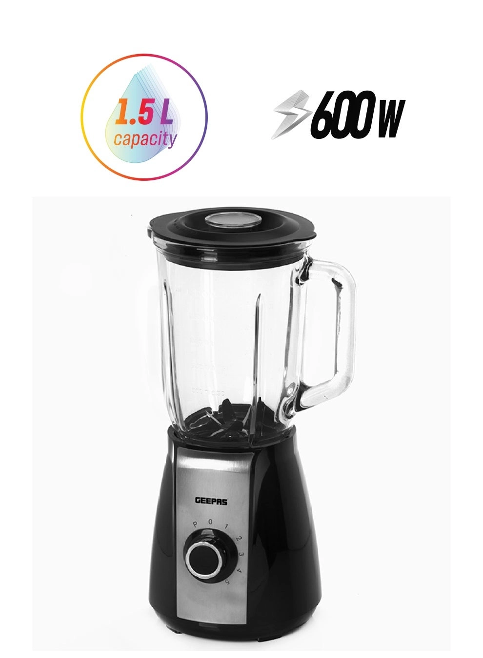 GEEPAS GSB44022UK - Glass Jug, 5 Speed with Pulse, Stainless Steel Blades