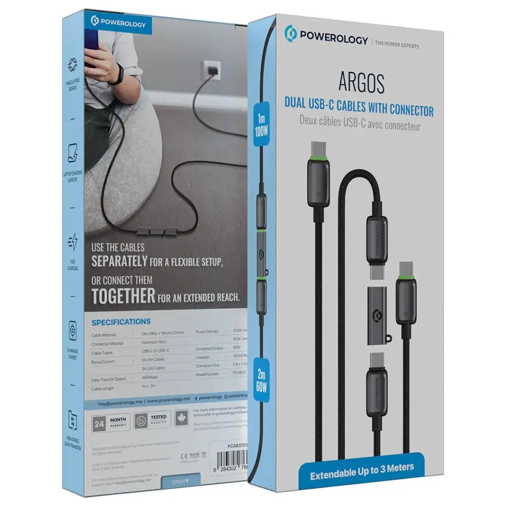 Powerology Argos Cable 100W USB-C to USB-C (2-Pack)
