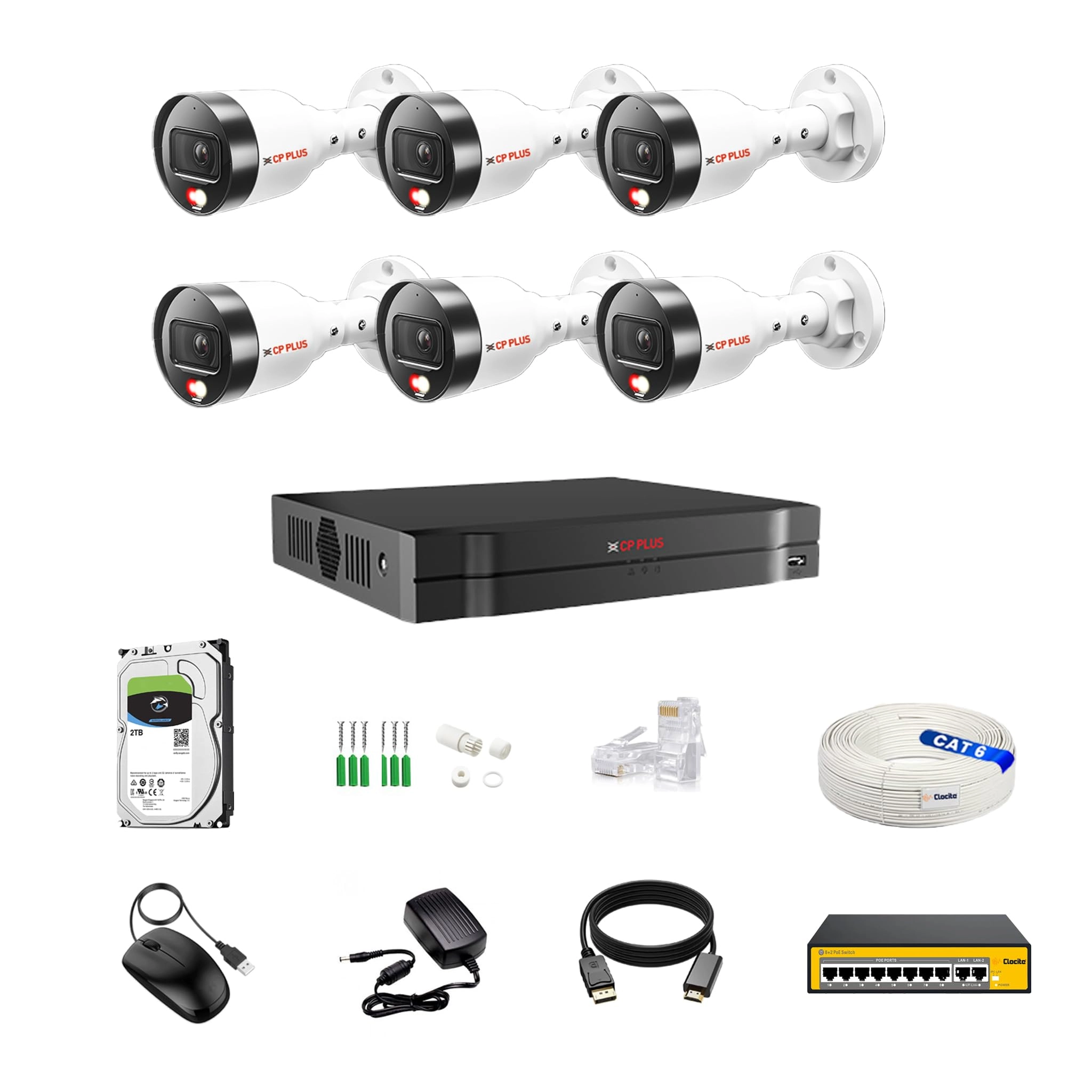 Aditya Infotech Ltd 8CH AI NVR + illumax Bullet IP Camera - 2MP + Hard Disk - 2TB + 8+2 POE Switch + CAT6 Cable