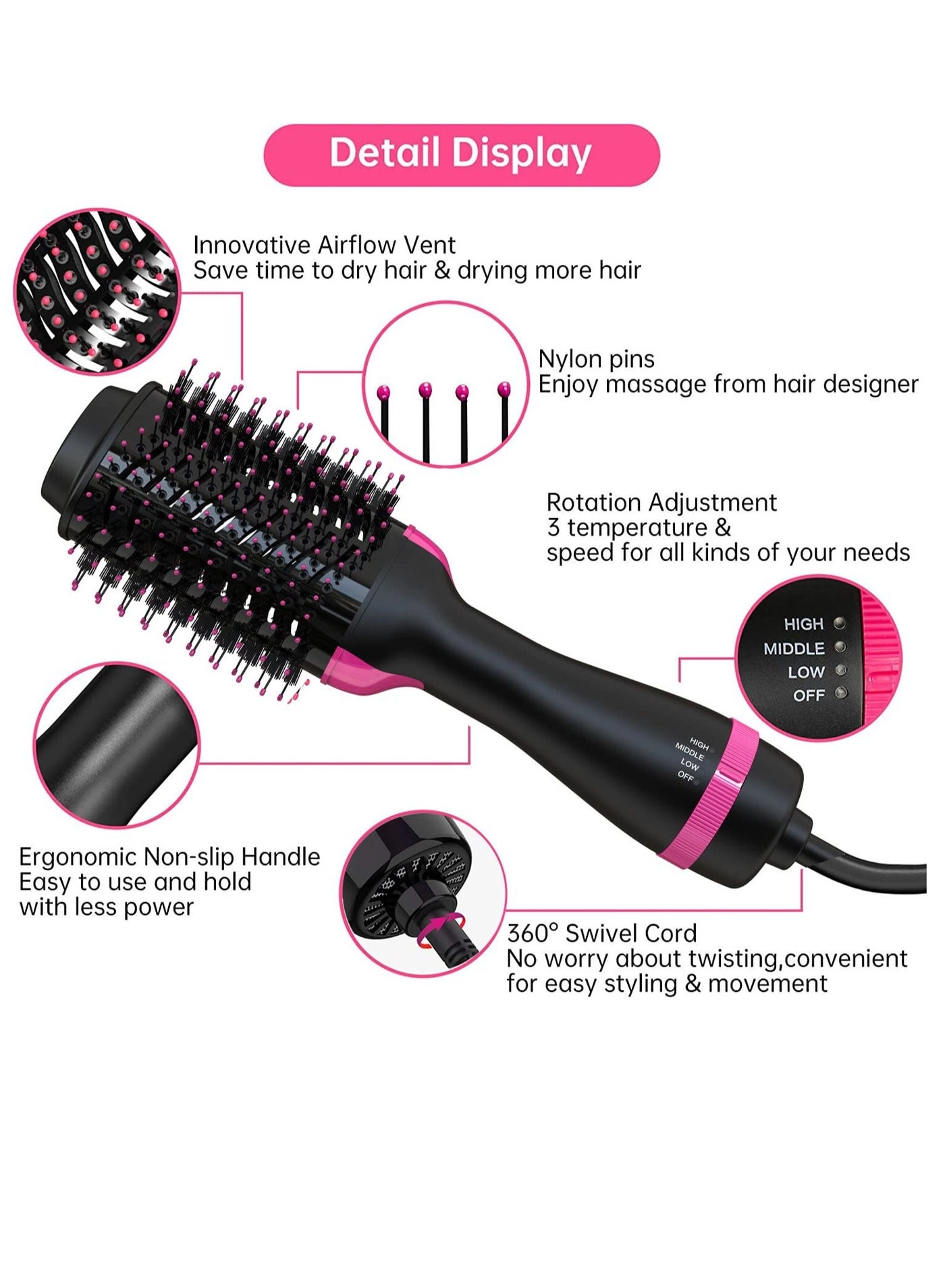 Hair Dryer Brush - 4 in 1 Negative Ion Pink