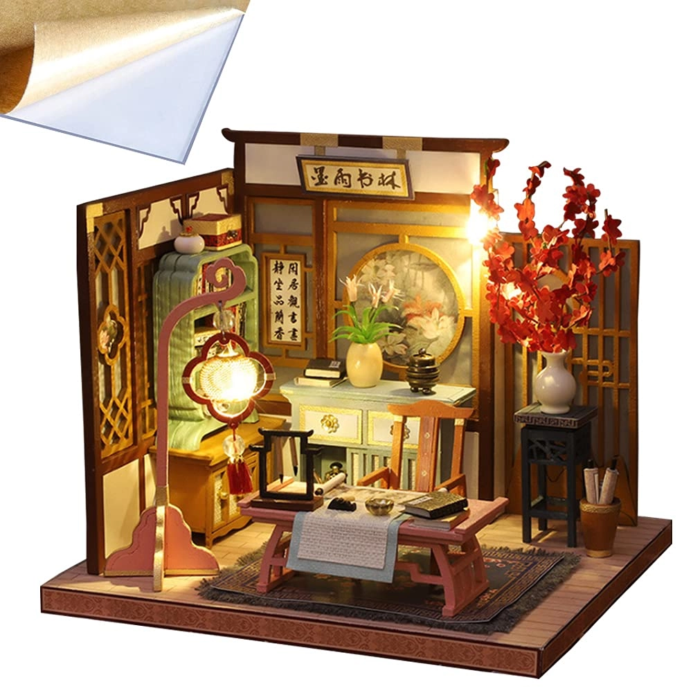 3D Wooden Miniature Doll House Kit - Painting and Calligraphy Room With Dust Cover 1:24
