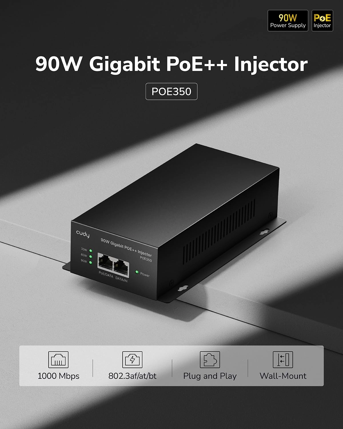 POE350 - 54V 90 Watts IEEE 802.3af / 802.3at/802.3bt 1000Mbps