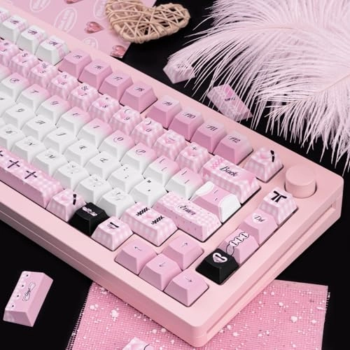 Gradient Cute Pink and White Keycaps Set - ANSI/ISO Keycaps Puller