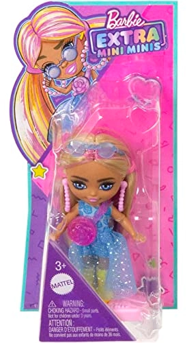 Barbie Extra Mini Minis - 3.25-inch Pink-Streaked Blonde Pigtails Blue Dress Ages 3+
