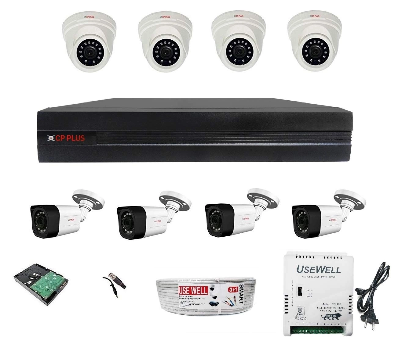 CP-UVR-0801F1-HC + CP-VAC-D50L2 + CP-VAC-T50PL2 + Hard Disk + CCTV Cable Roll + USEWELL SMPS + BNC/DC - 6 Bullet 2 Dome 8 channels Full HD 4MP