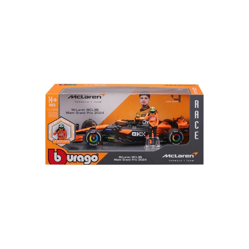 BBURAGO McLaren MCL38 2024 with Helmet & Plastic Stand - 1:24