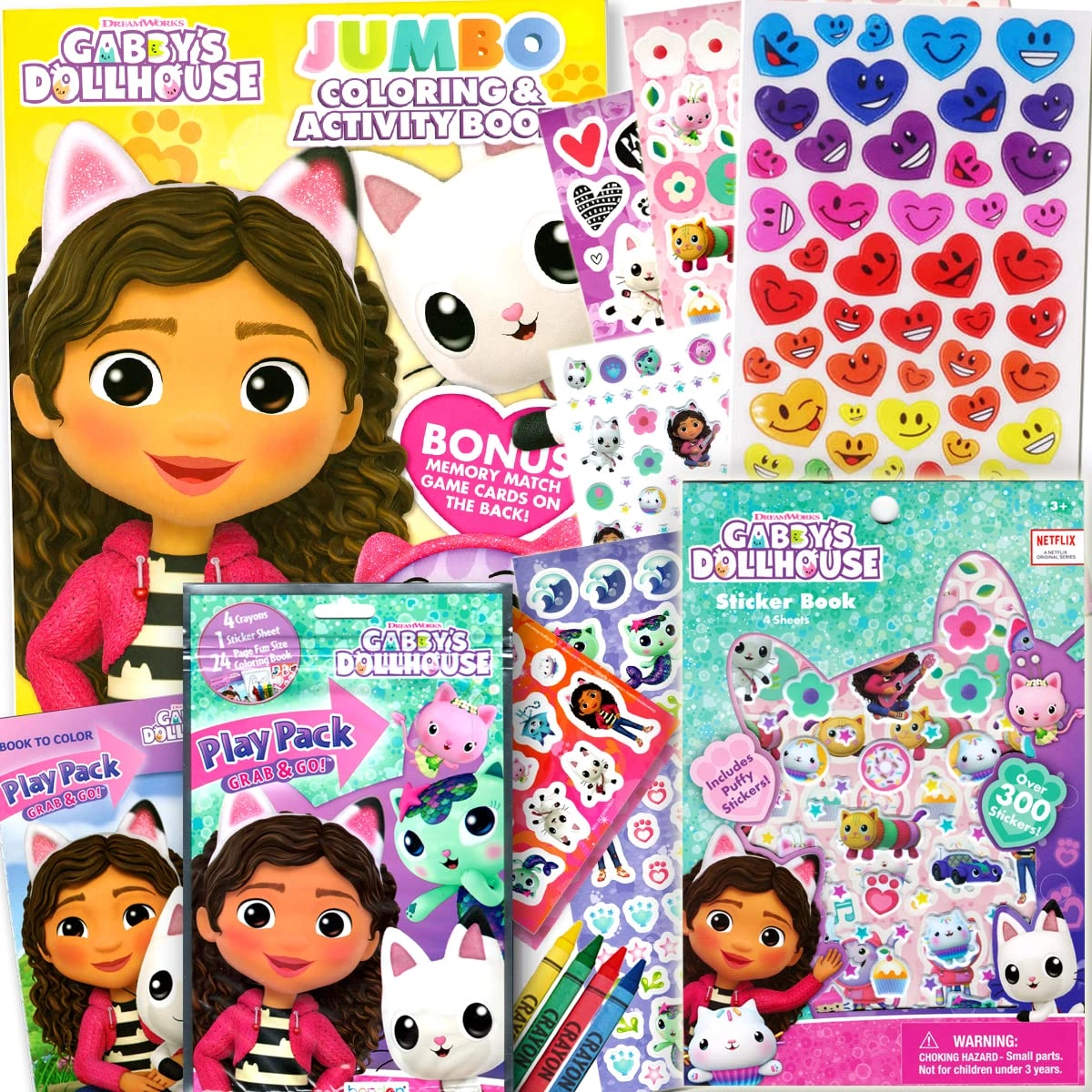 Bendon Coloring Book + Play Pack + Sticker Pad + Puffy Smilely Heart Stickers - 4 pieces 4 coloring utensils