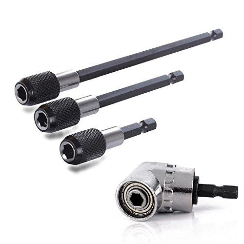 105 Degree Right Angle Driver - 1/4" Hex Shank + Magnetic Drill Bit Holder - 3pcs 60mm/100mm/150mm