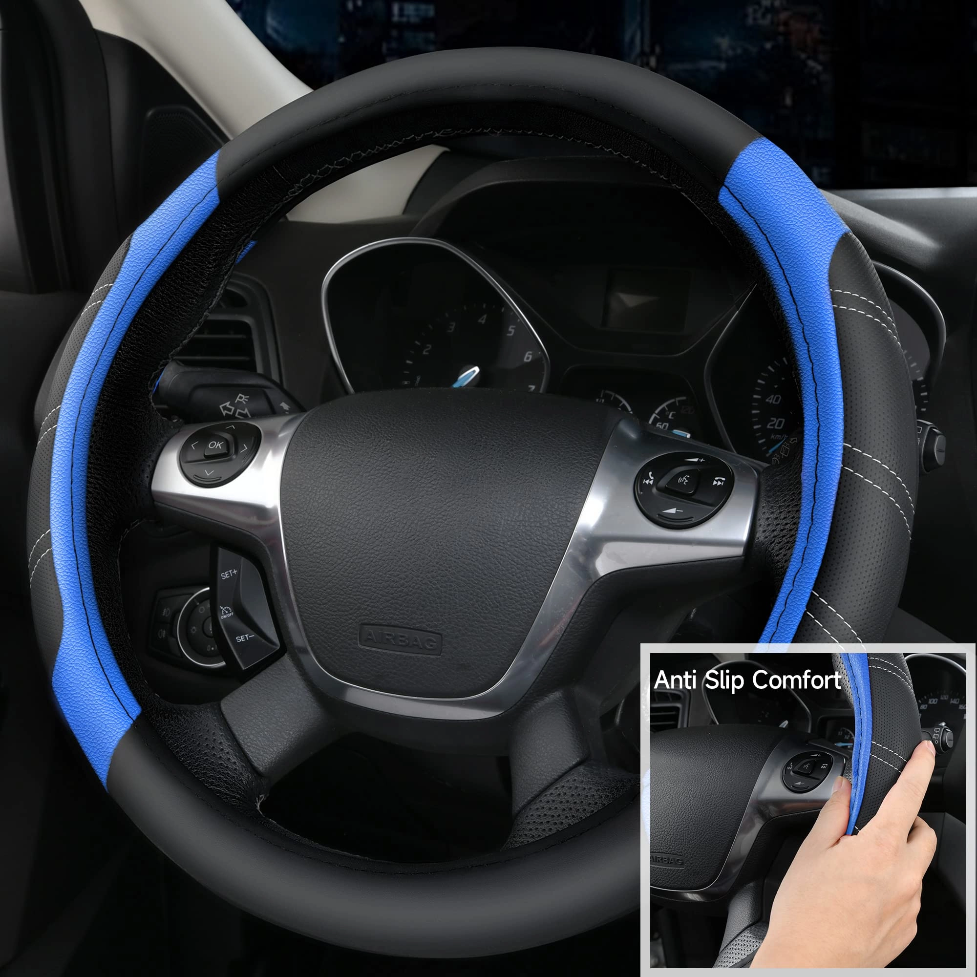 Car Seat Covers - Air Mesh Leather + Car Floor Mats - Waterproof + Steering Wheel Cover - Sporty