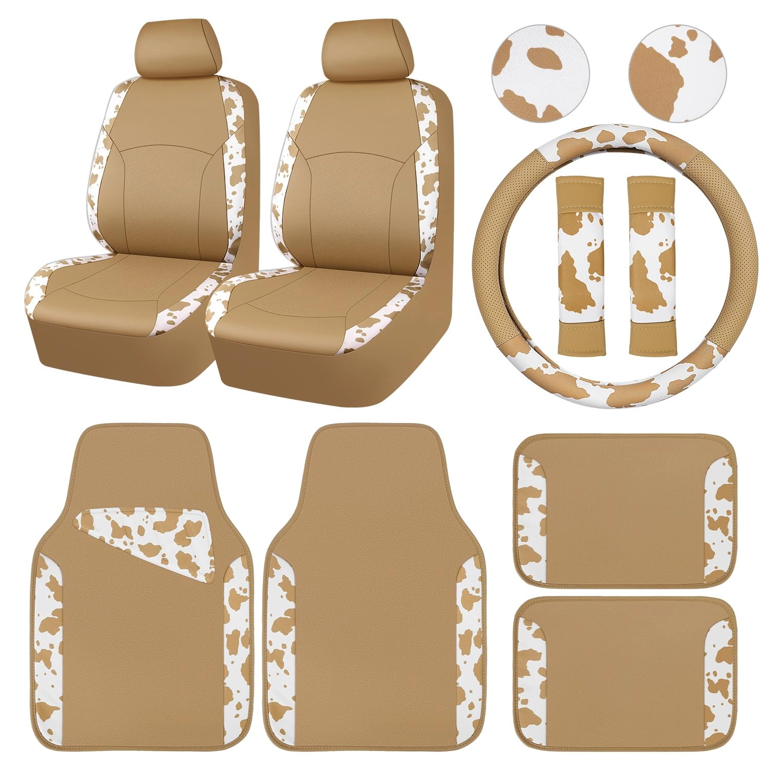 Car Seat Covers - Air Mesh Leather + Car Floor Mats - Waterproof + Steering Wheel Cover - Sporty