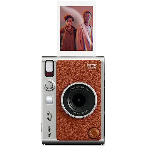 Instax Mini EVO - Brown + Instax Mini Instant Film Sheets - 60 Sheets + microSD Memory Card - 32GB + Small Padded Carrying Case + SD Card Reader + Microfiber Cleaning Cloth