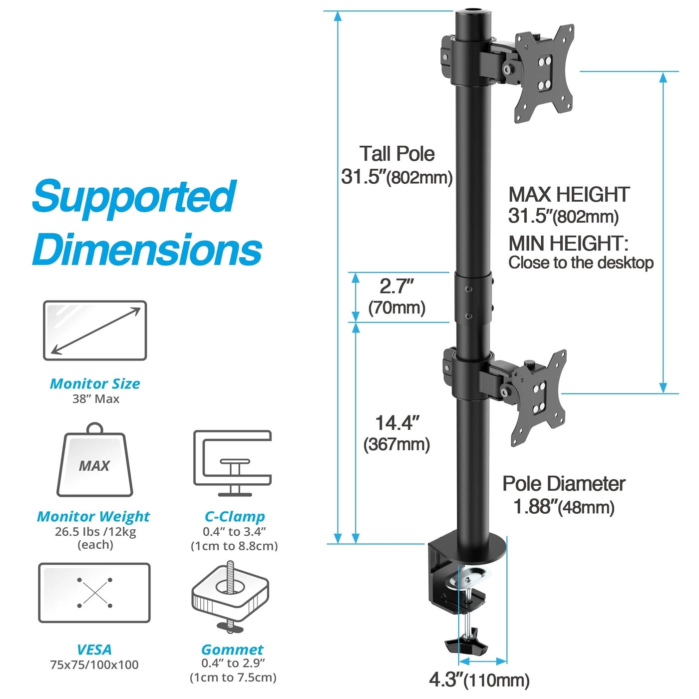 Vertical Ultrawide Monitor Mount Stand - Dual 38-inch VESA 75x75mm 100x100mm