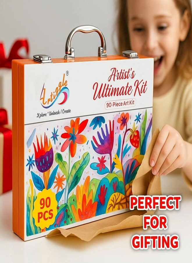Ultimate Art Kit - 90 Piece Coloring Book Paints Crayons Sketch Pens Color Pencils Scissors Glitter Glue