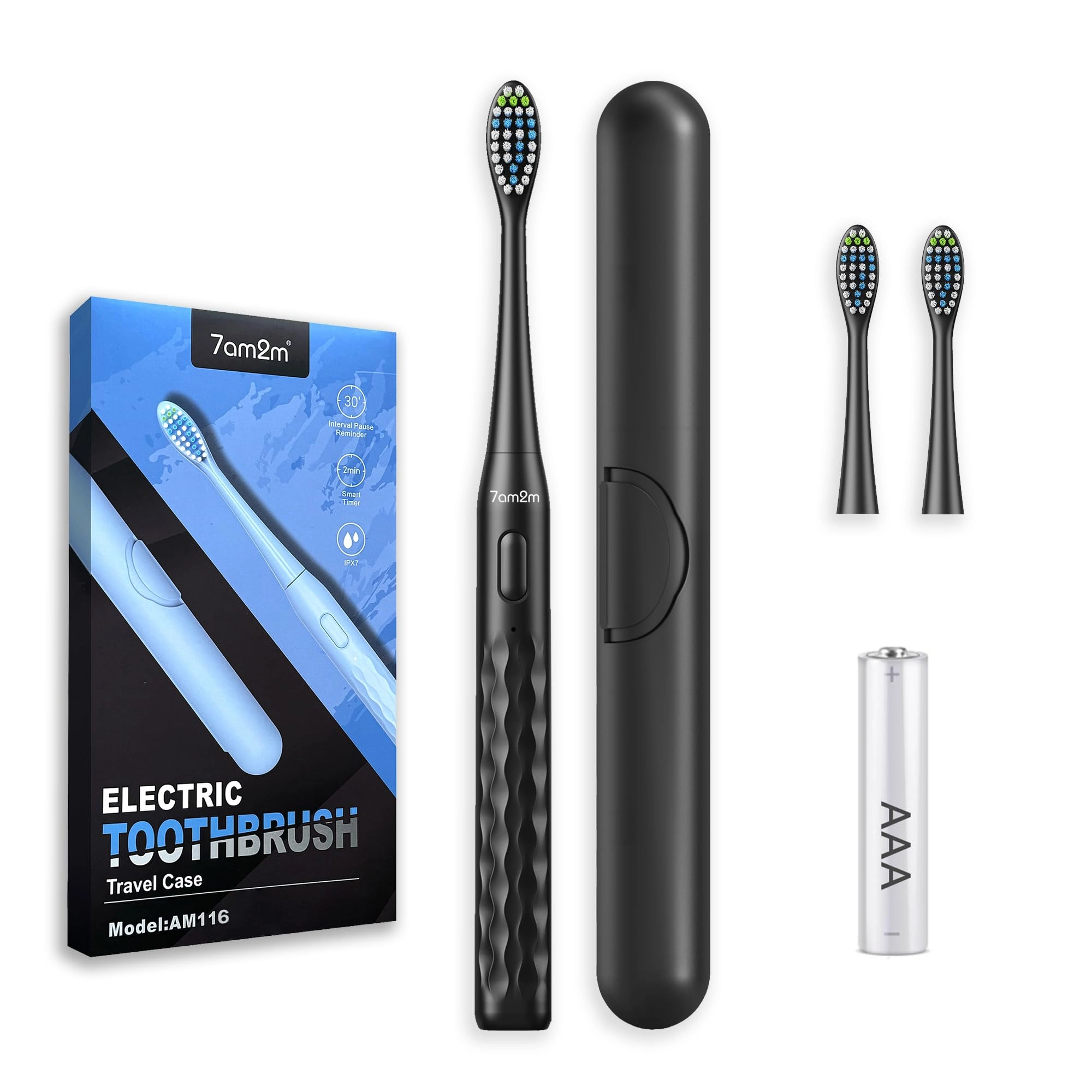 7AM2M Sonic Travel Electric Toothbrush - Travel Case 2 Brush Heads Battery Powered