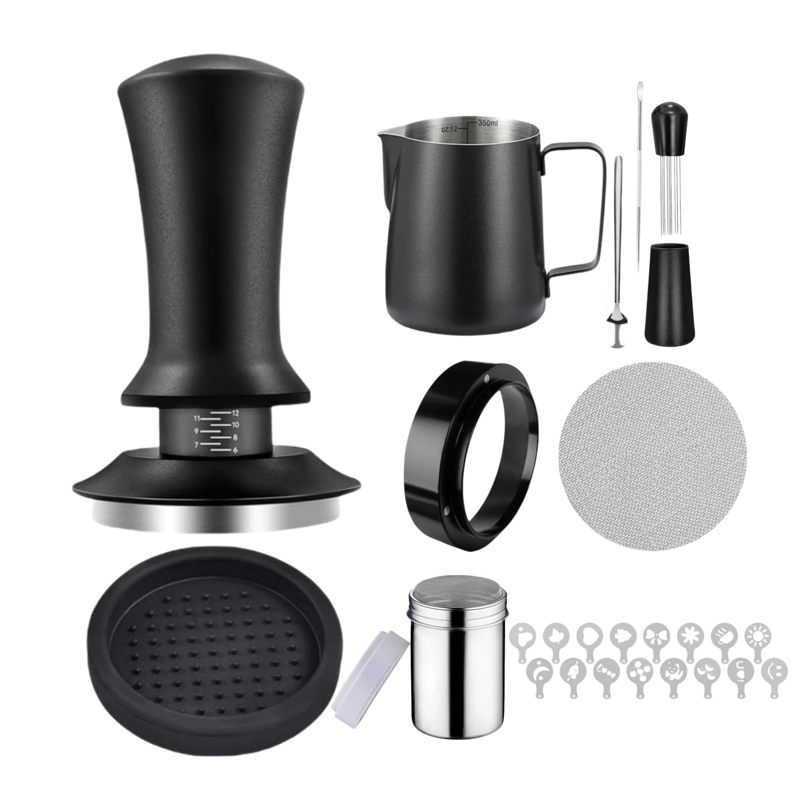 midochin 58mm Coffee Tamper + WDT Tool + Tamper Mat + Frothing Pitcher - 350ml + Decorating Stencils + Latte Art Pen + Coffee Stirring Spoon + Dosing Funnel + Coffee Sifter