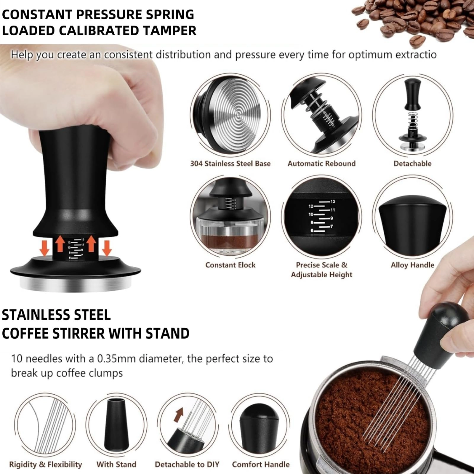 51mm Coffee Tamper + WDT Tool + Stirrer - 13.3cm + Frothing Pitcher - 350ml + Latte Art Pen - 13.5cm + Tamper Mat + Stencils - 16pcs + Dosing Funnel + Coffee Sifter Sprinkler Powder