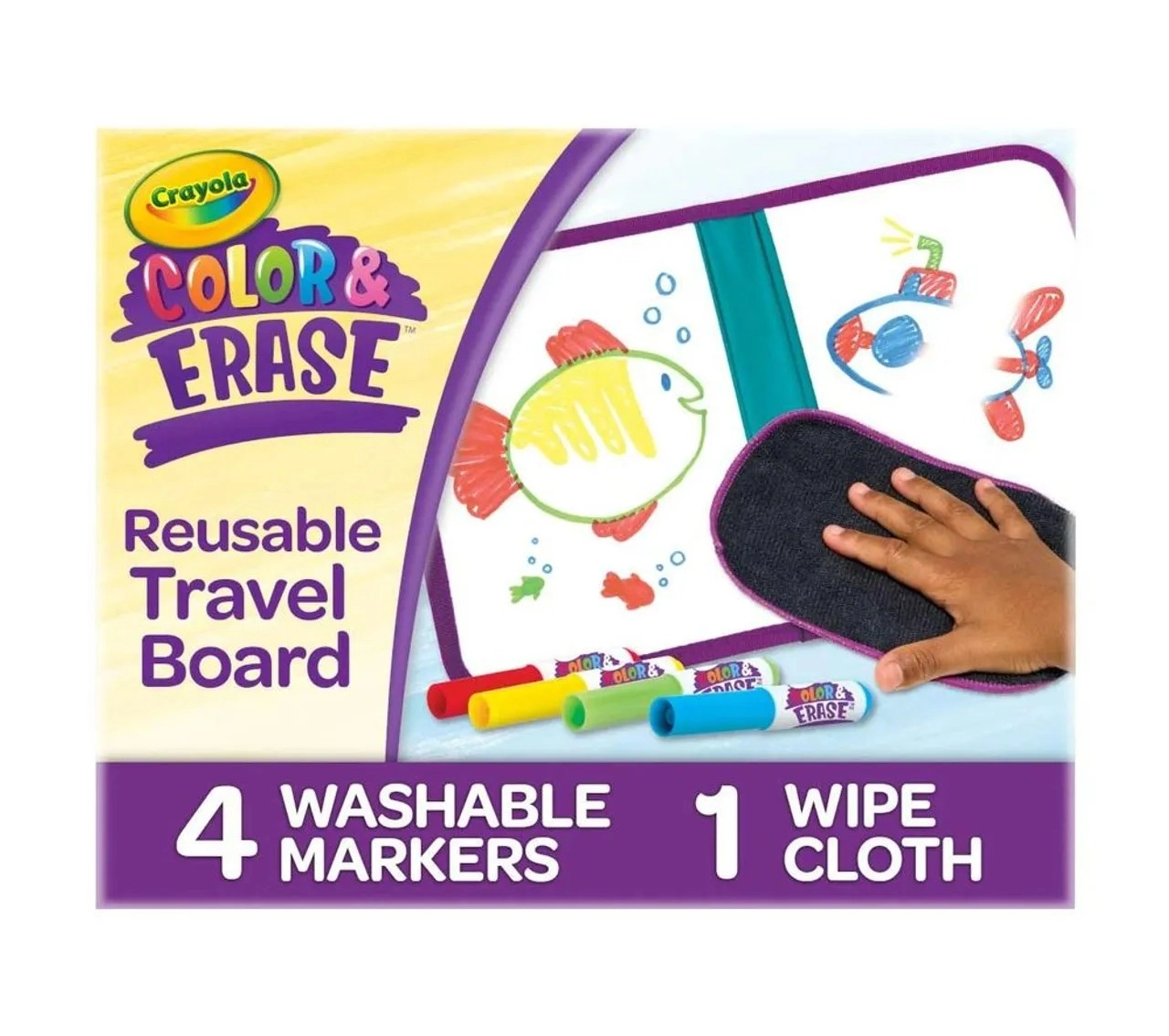 Color & Erase Reusable Travel Board - 4 Colour & Erase Washable Markers
