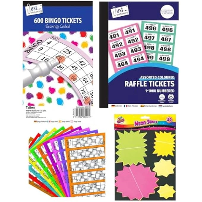 rayihni Bingo Cards - 600 Jumbo + Raffle Tickets - 1000 + Fluorescent Prize Tags - 50