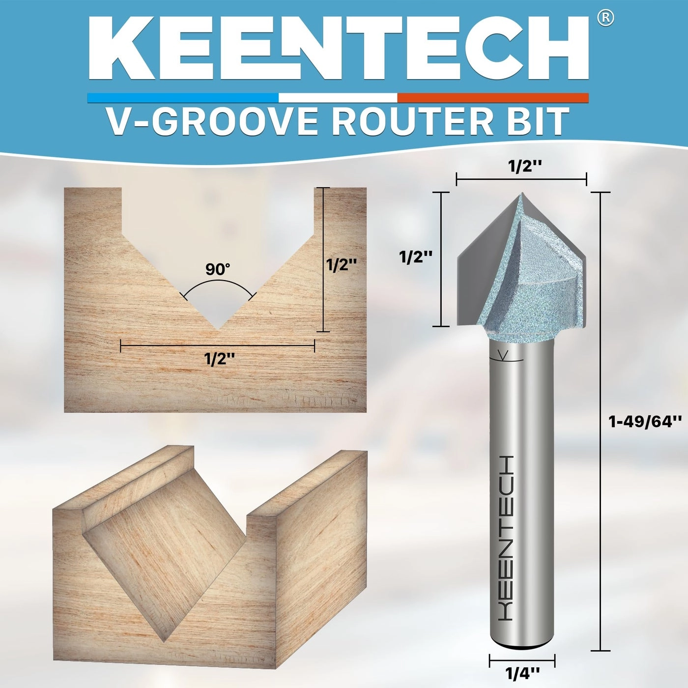 90-Degree V-Groove Router Bit - 1/2" 1/4"