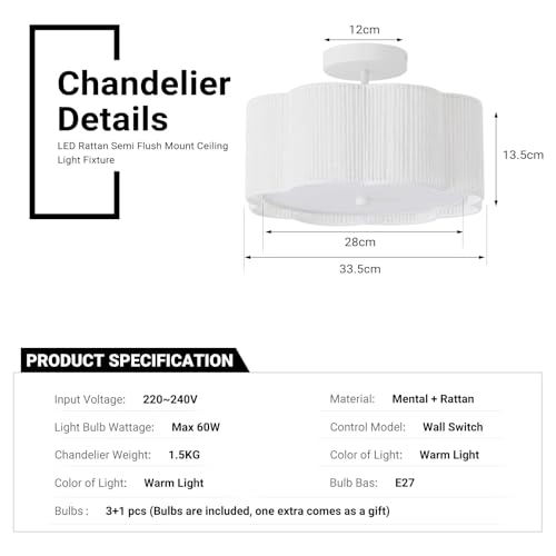 LED Rattan Farmhouse Chandelier - 3-Light Semi Flush Mount 33.5cm