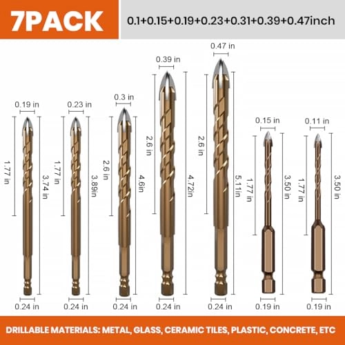 Power Drill Bits Set - 7Pcs 3mm-12mm Masonry