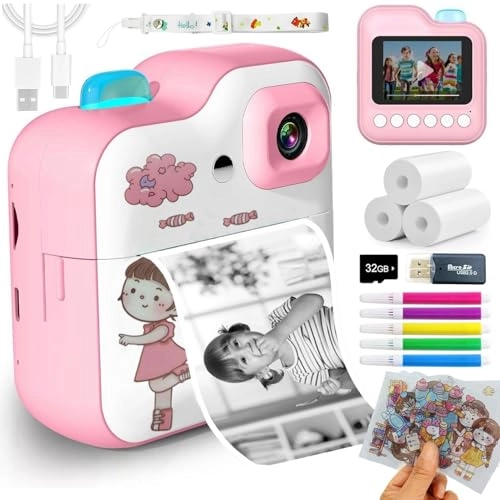 Kids Rechargeable Camera Instant Print - 1080P 2.4" LCD 32GB