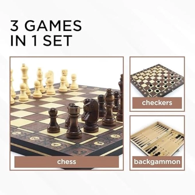 MAGNETIC CHESS, CHECKERS AND BACKGAMMON 3-IN-1 SET - WOODEN PORTABLE FOLDABLE