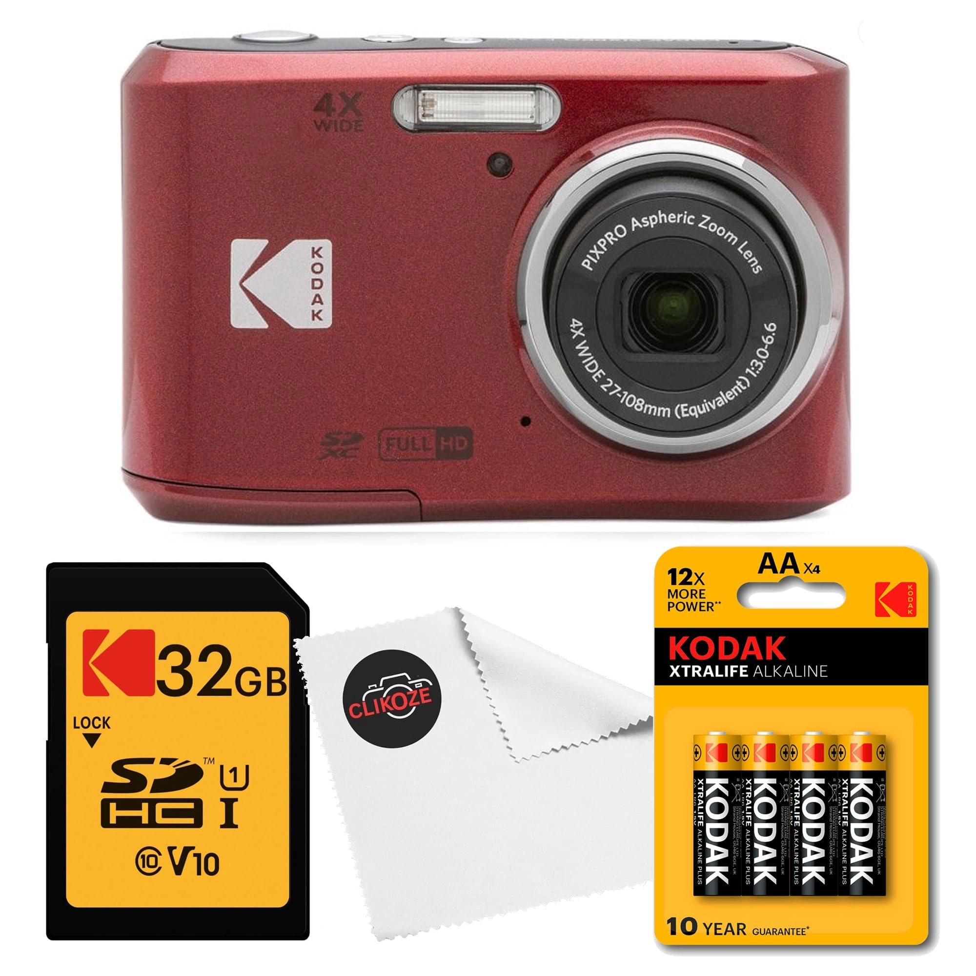 Clikoze PIXPRO FZ45 + 32GB Class 10 SDHC + AA Xtralife 4-Pack + Lens Cloth