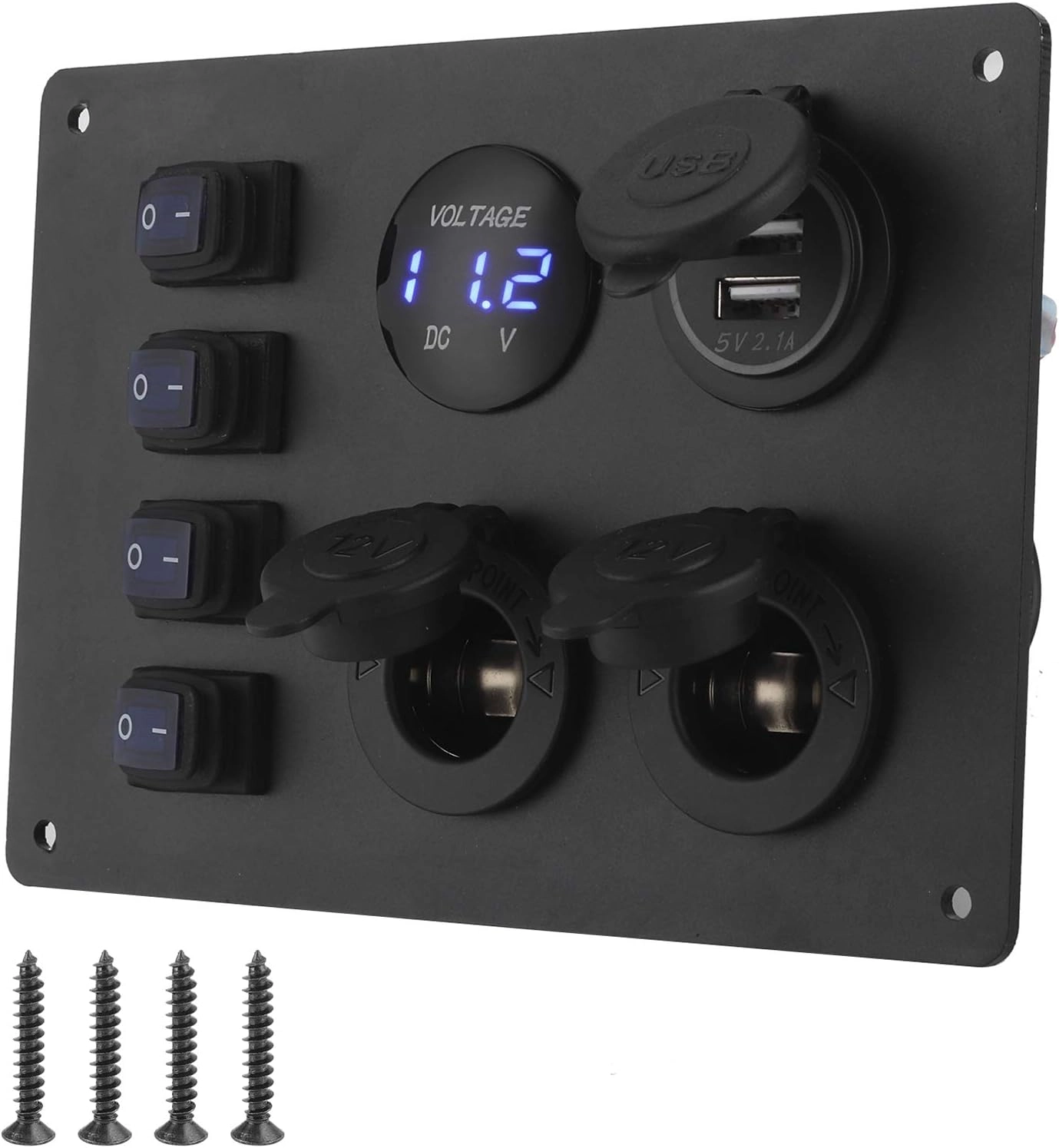 woobles Rocker Switch Panel - 4 Gang Dual USB 12V Voltmeter