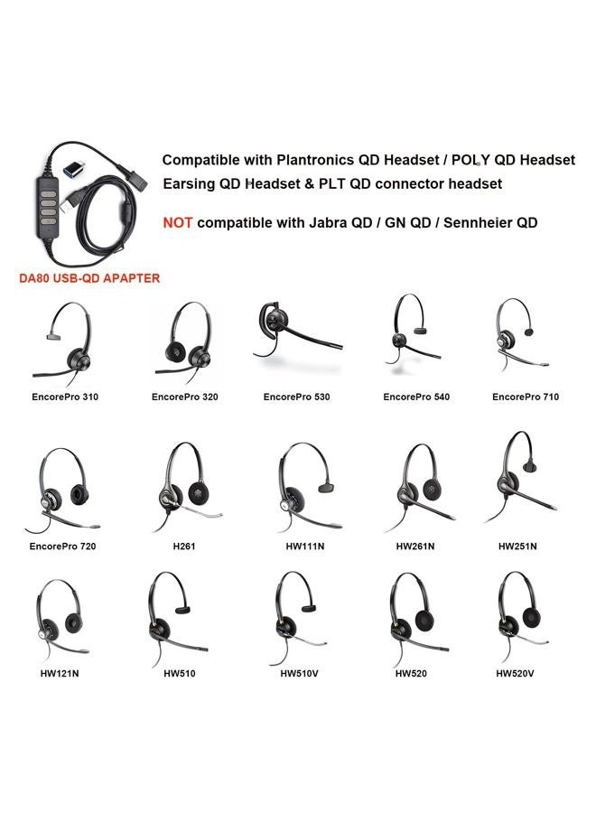 DA-80 - USB Audio Adapter for Plantronics QD Headsets - Mute and Volume Controls