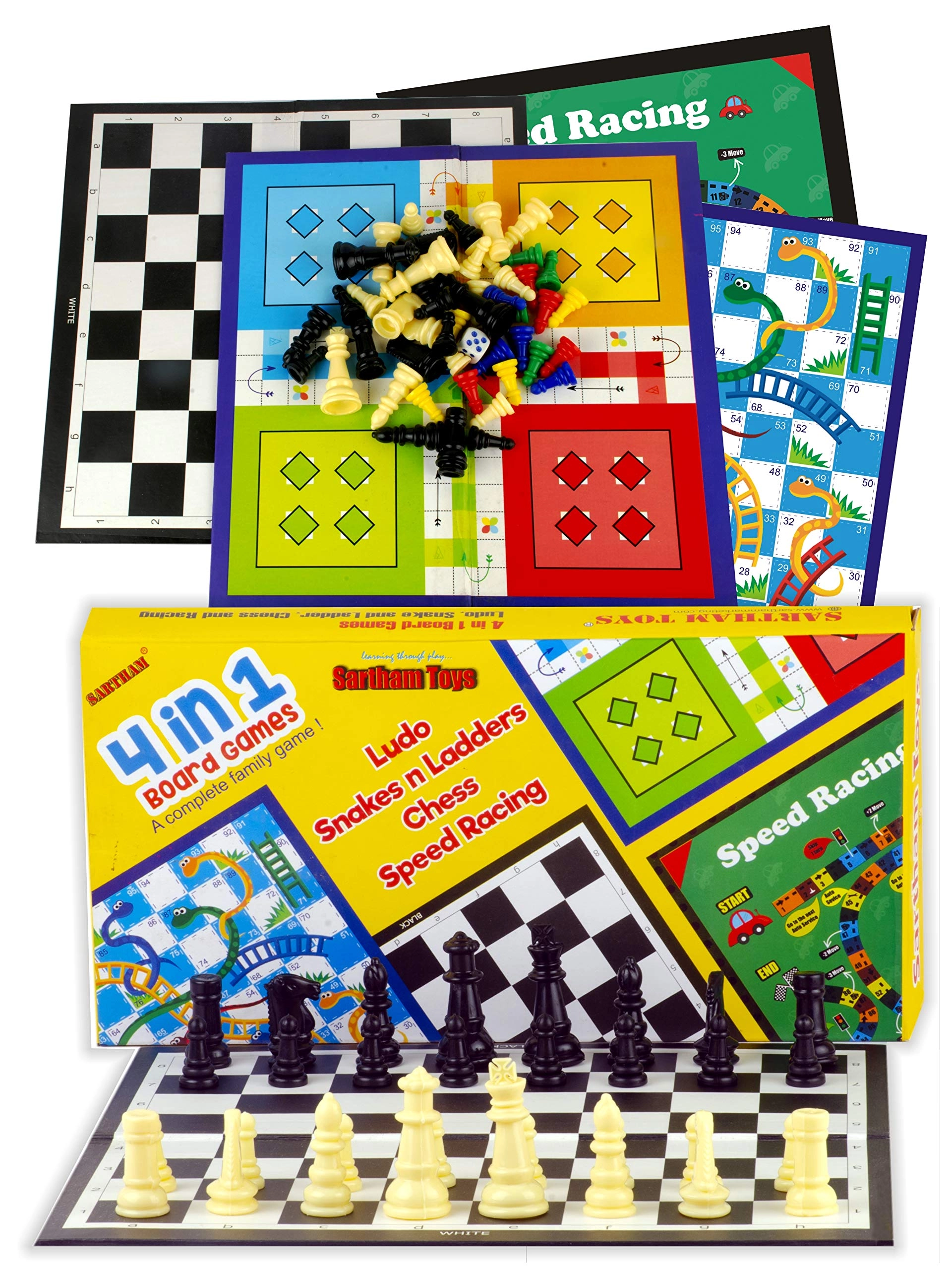 SARTHAM 4 in 1 - Ludo Snake and Ladder Chess Racing