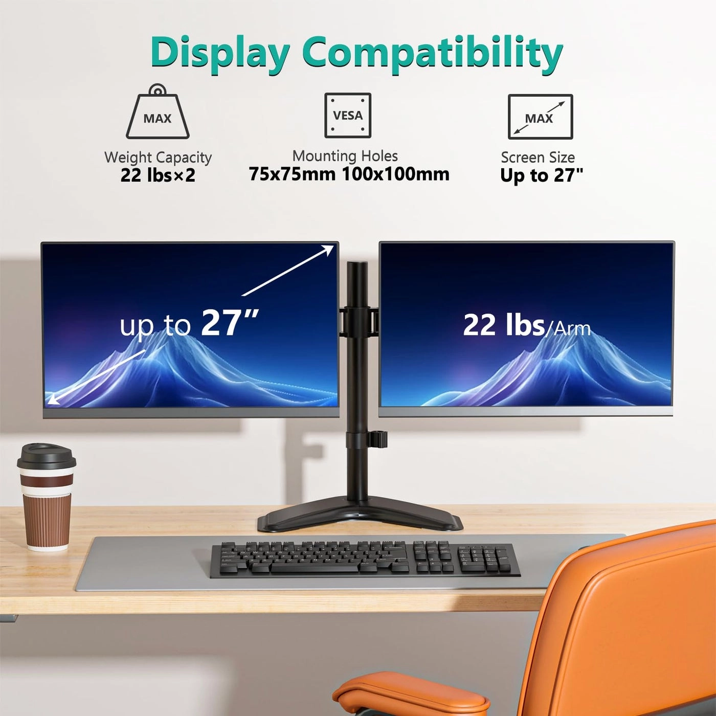 Dual LCD Monitor Desk Mount Stand - Two 27"