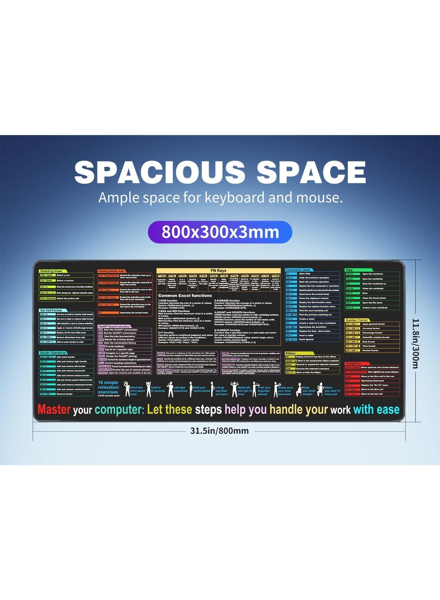 Excel Cheat Sheet XL Cloth Gaming Mouse Pad - 80x30 cm