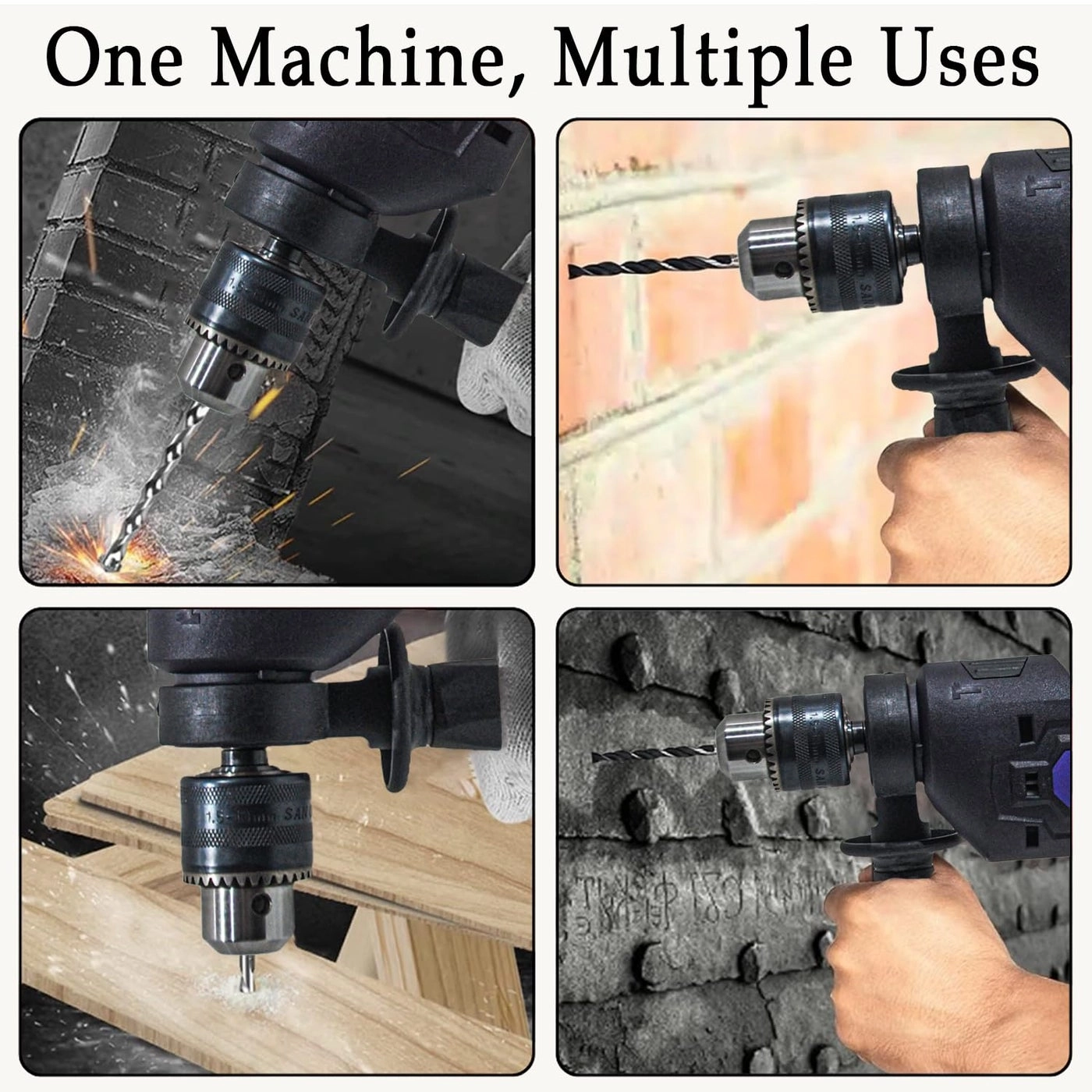 13mm Impact Drill - 500W + Screw driver + tester + Utility Life + combination Plier + 3m measuring tape + Mansory Drill + HSS drill + Screw Driver Bits + magnetic bit holder + As handle + Hammer + Adjustable Wrench + plugs and Screw