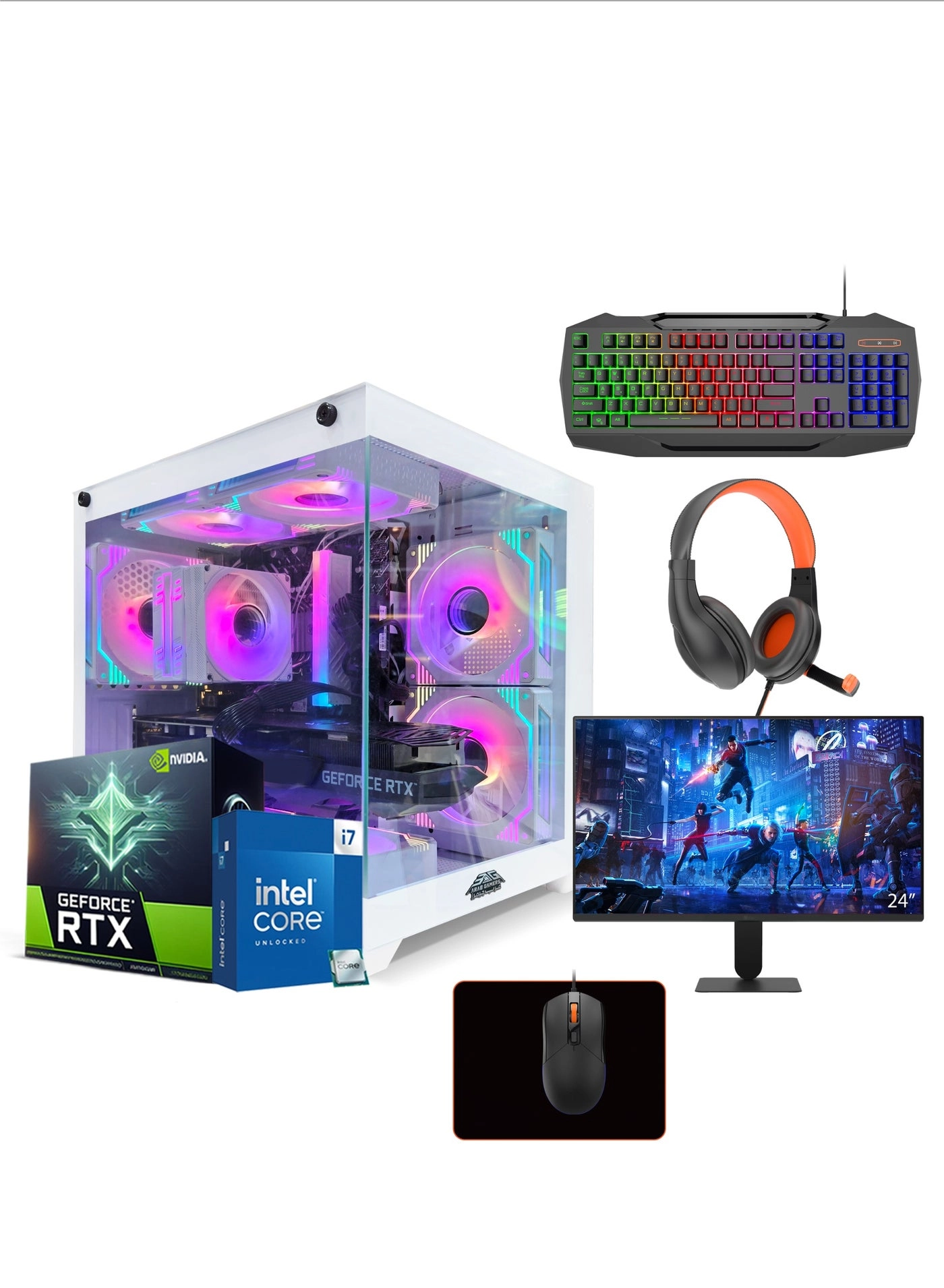 Arab Gamers NOVA + Intel Core i7-12700 + RTX 3050 - 8GB + RAM - 16GB + SSD - 1TB + FHD Monitor - 24" + Keyboard, Mouse & Headphone Set + TrueNort RGB Gaming Case