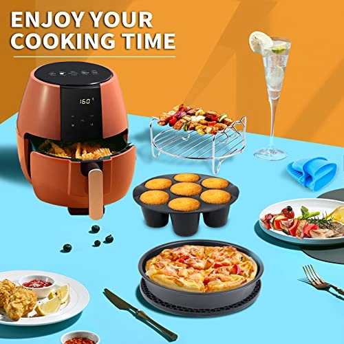 Cake Barrel + Pizza Pan + Cupcake Pan + Metal Holder + Skewer Rack + Silicone Mat + Food Tong + Oil Brush + Air Fryer Liners + Plate Gripper + Silicone oven gloves + Air Fryer Recipe Cookbook - Food grade 304 stainless steel and silicone 12 pcs