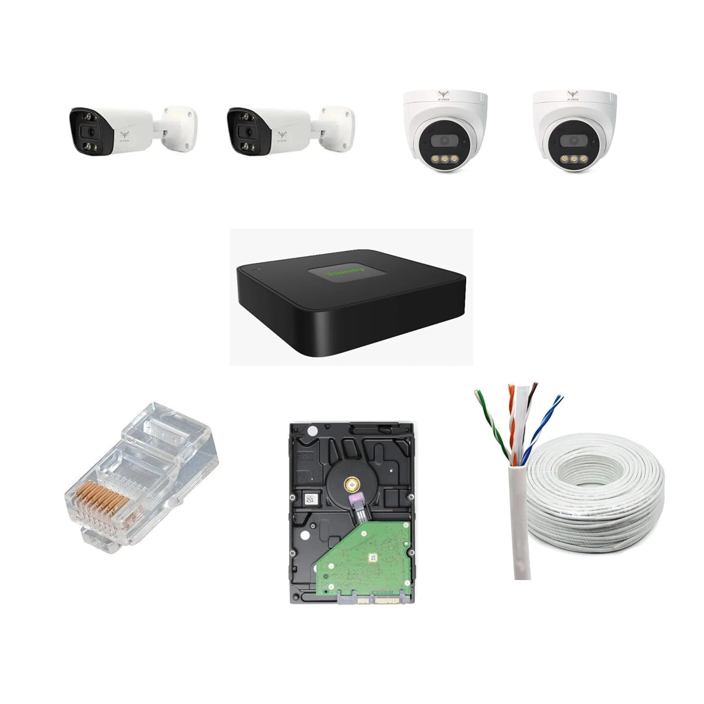 JK Vision IP Camera - 2 Bullet 2 Dome 5MP + NVR - 4 Channel inBuilt POE + Hard Disk - 1TB + Cat6 Cable - 100 Meter + RJ45 Connector - 8