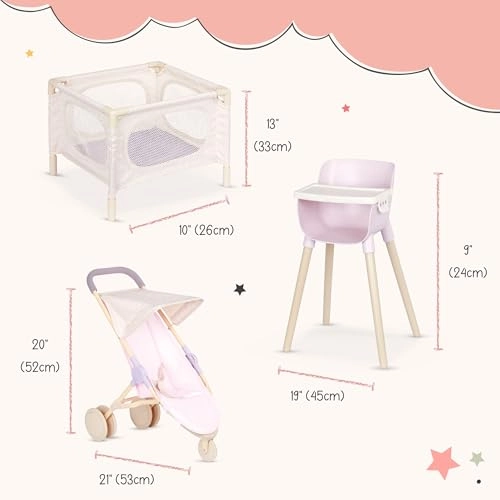 Baby Doll - 14-Inch Blue Eyes + High Chair - Removable Tray + Playpen + Jogger Stroller - Foldable Canopy Ages 2+