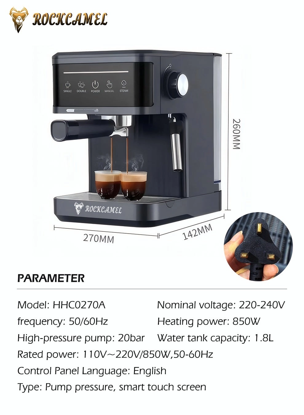NCT Espresso Machine - 20 Bar 850W 360° Steam Wand