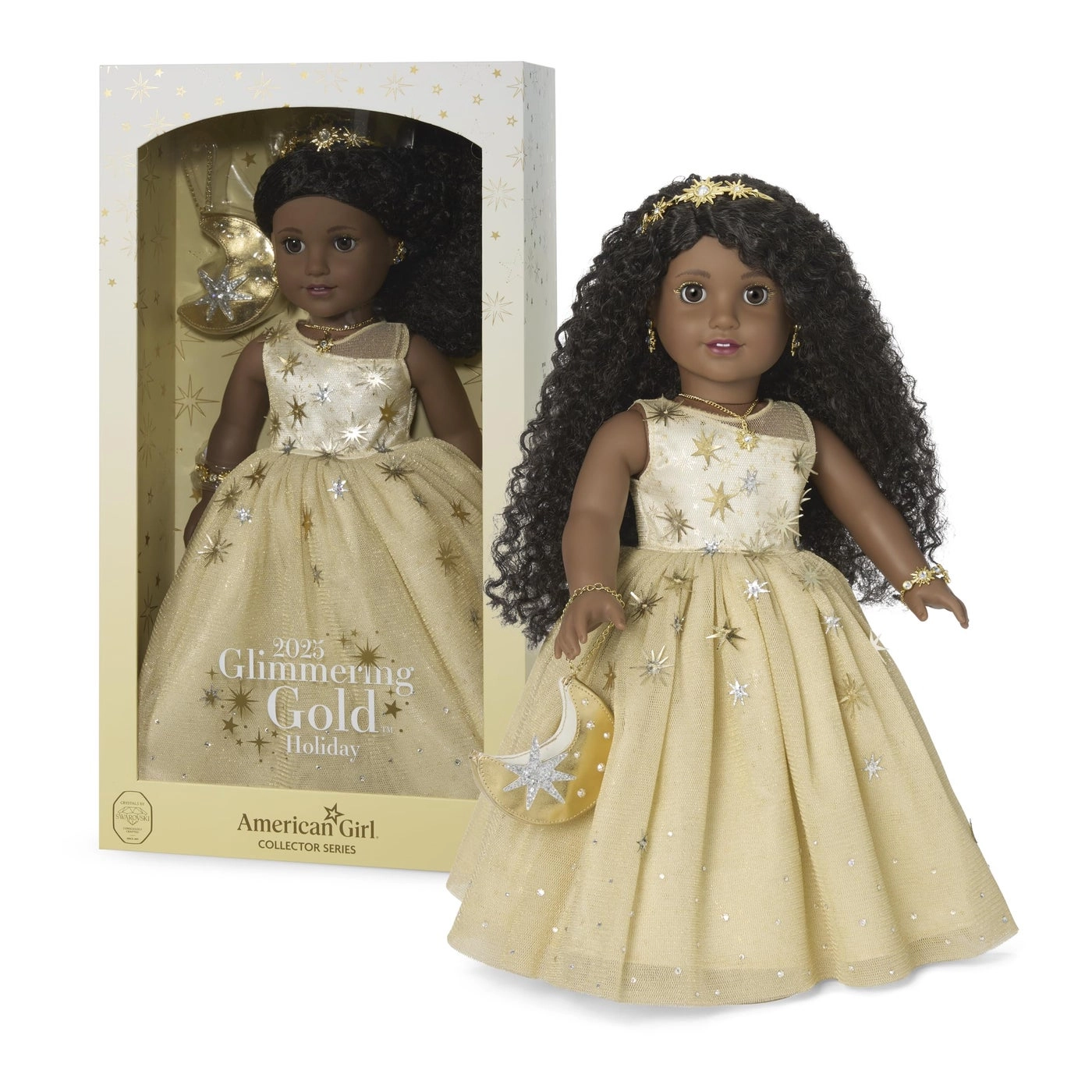 Glimmering Gold Holiday Collector Doll - Brown Eyes Long Curly Black Hair Ages 8+
