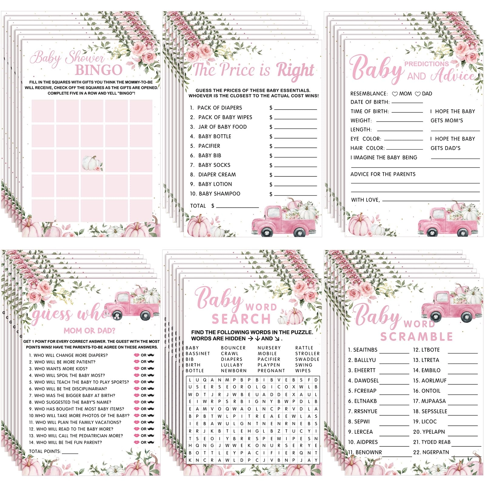 Jetec Pink Pumpkin baby shower games - 302 pcs