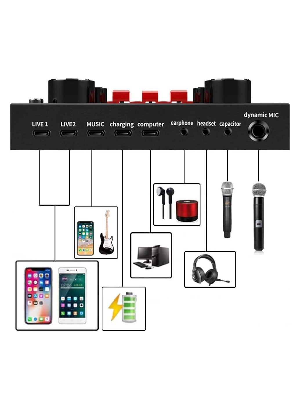 Condenser Microphone + V8S Live Sound Card Wireless+USB+3.5mm-Mini-Jack Microphone