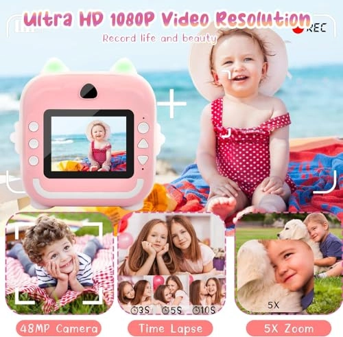 Kids Instant Print Camera - 1080P 48MP 32GB