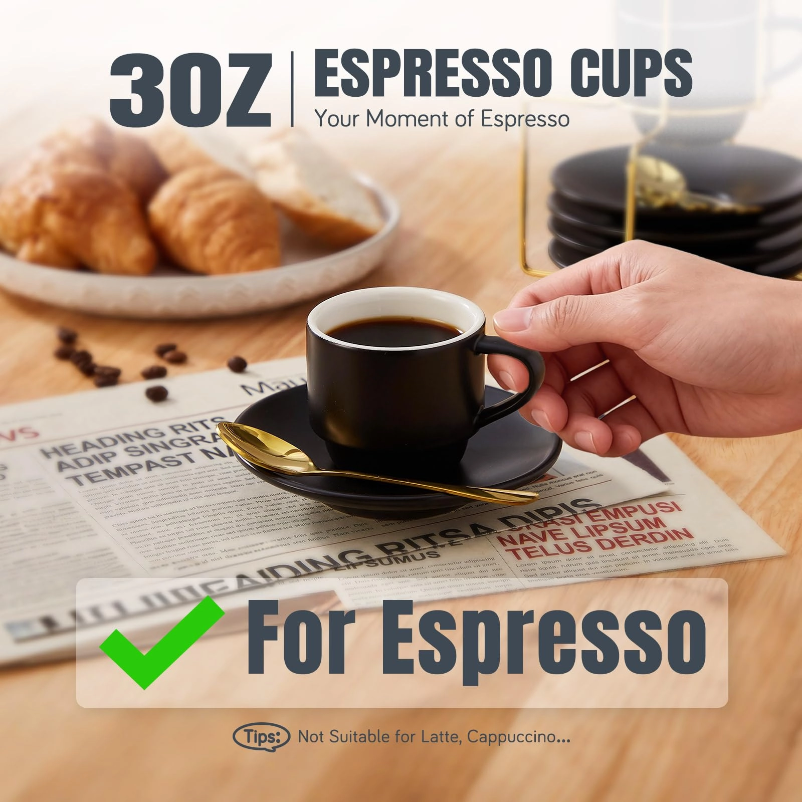 Espresso Cups - 4 pcs Stackable with Saucers Spoons Metal Stand