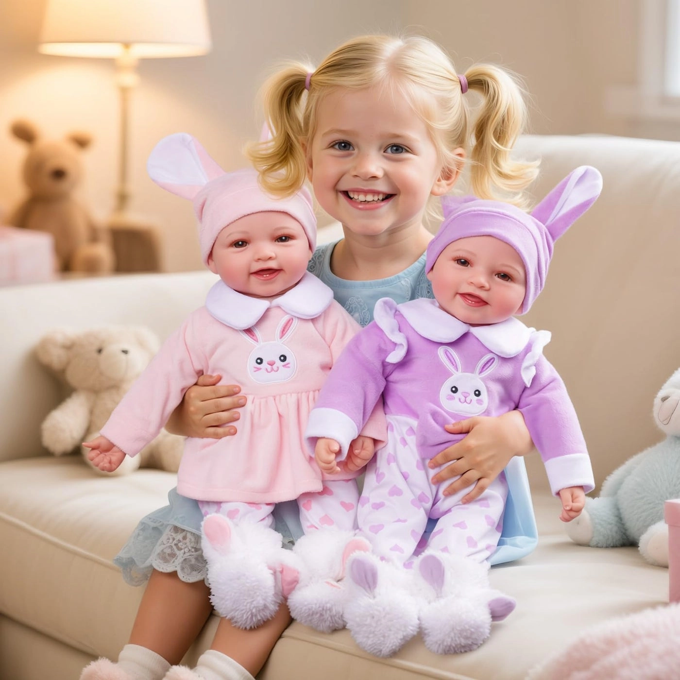 Twin Baby Dolls - 17 silicone vinyl Girl and Boy Newborn RabbitThemed Outfits Ages 3+