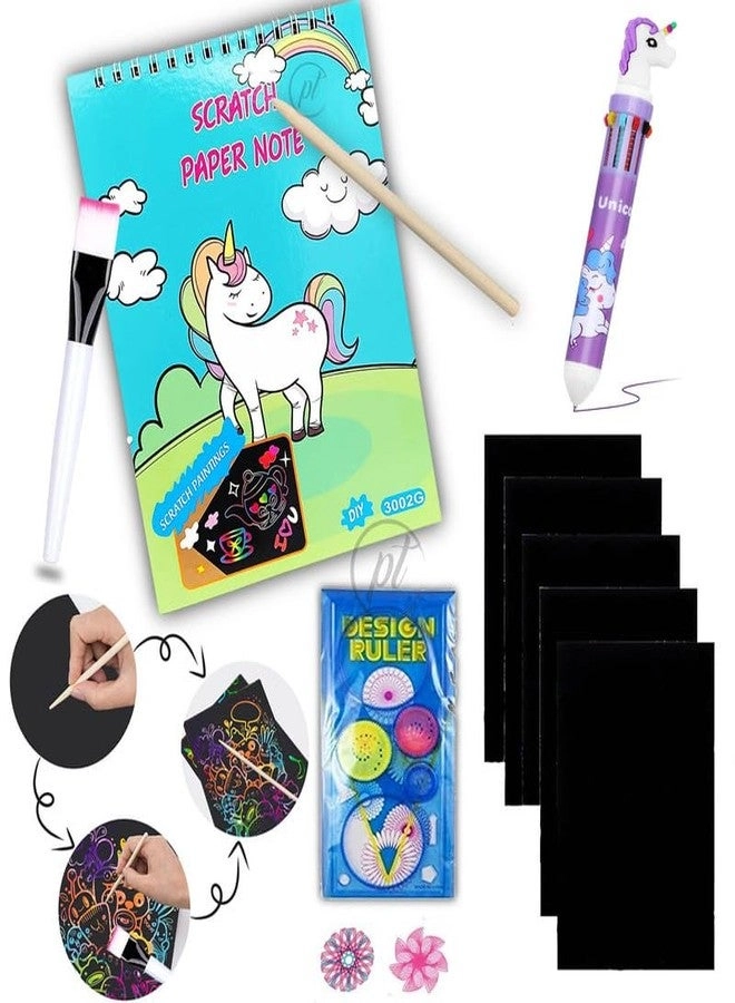 Unicorn Rainbow Scratch Paper Spiral Notebook - A5 Spiral + Wooden Scratchers + Unicorn 10 in 1 Multicolor Pen + Creative Ruler
