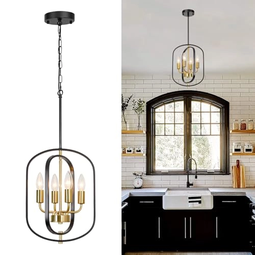 Dining Room Chandelier - Black and Gold 4 Lights Adjustable Height