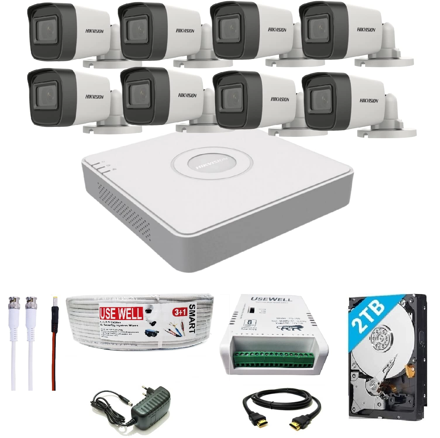 PRAMA HIKVISION 8 Channel DVR - 5 MP + 8 Bullet Wired Cameras + 2 TB HDD + (3+1) Cable roll + 8 CH Power Supply + USEWELL BNC & DC
